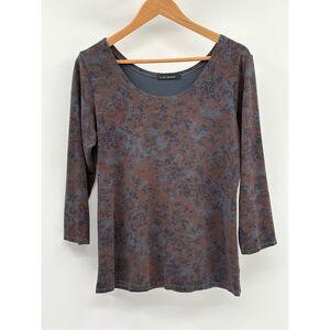 Cut Loose Women's Top Size Medium‎ Loose Fit Blue Brown Floral 3/4 Sleeve